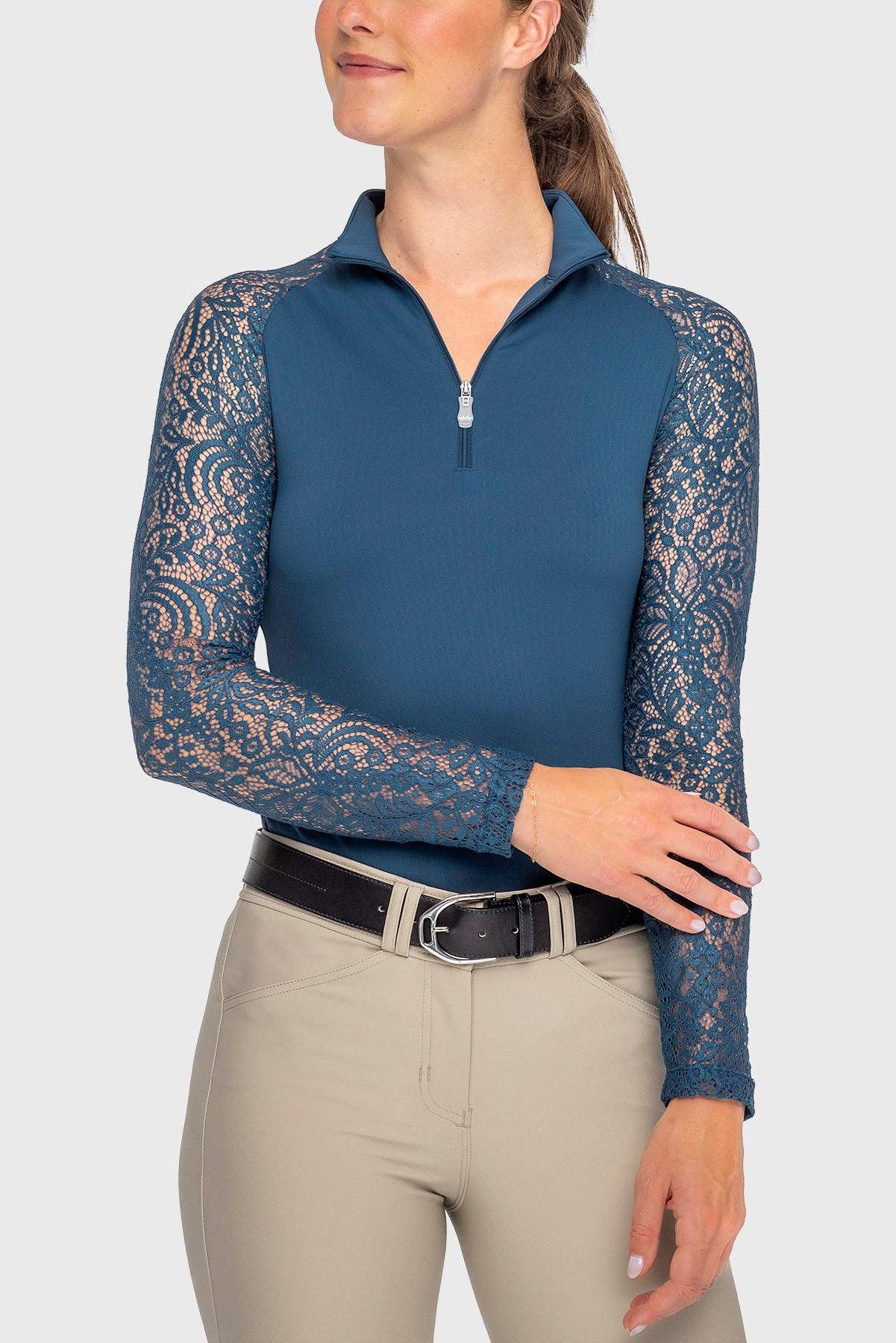 Kastel Denmark - Long Sleeve Sailor Blue Floral Lace Raglan 1/4 Zip Top: Large