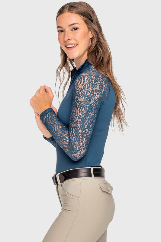 Kastel Denmark - Long Sleeve Sailor Blue Floral Lace Raglan 1/4 Zip Top: X-Small